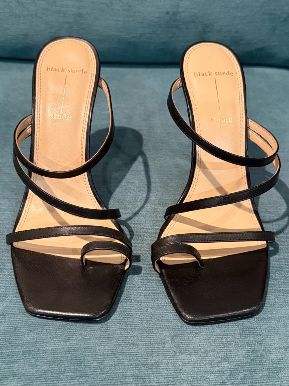 Black Suede Studio Strappy Square-Toe Heeled Sandals